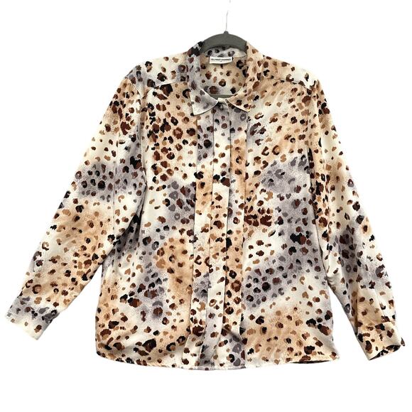 VTG Cheetah Print Blouse Top 14 Business Career Party Button Animal 90s Mob Wife - Picture 1 of 14